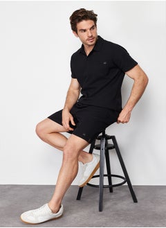 trendyol Black Regular/Normal Cut Polo Neck Labeled T-Shirt Shorts Tracksuit Set TMNSS23EM00003  - Image 2