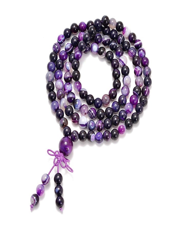 AD Beads Natural Gemstones Buddhist 108 Prayer Healing Beads Mala Stretchy Bracelet Necklace 6mm (Purple Stripe Agate) - Image 1