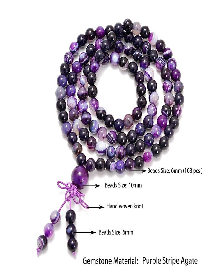 AD Beads Natural Gemstones Buddhist 108 Prayer Healing Beads Mala Stretchy Bracelet Necklace 6mm (Purple Stripe Agate) - Image 3