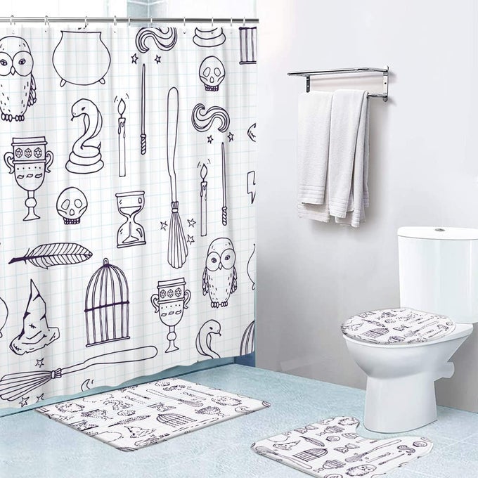 4 PCS SHOWER CURTAIN SETS WITH NONSLIP RUGS TOILET LID COVER AND BATH MATWITCH BIRDCAGE MAGIC BOOKS OWL WAND BROOM WATERPROOF SHOWER CURTAIN WITH 12 HOOKS BATHROOM DECOR SETS 72 X 72