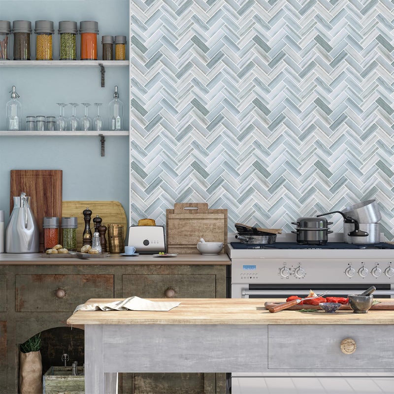 Tilingview 10PCS Peel and Stick Backsplash for Kitchen, Plastic Self-Adhesive Vinyl Gel Tile, Wall Tile for Home Decoration (Blue Gray Herringbone) - Image 5