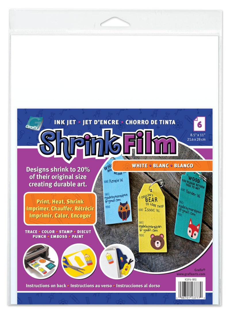 Grafix InkJet Printable White Opaque Shrink Film  85x11 Print Cut and Shrink It to Create Jewelry Embellishments TagsOrnaments Shrink Plastic is for Kids of All AgesPack of 6 Sheets
