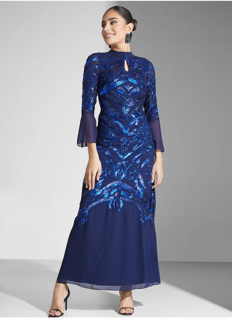 Frock and Frill Keyhole Embellished Dress