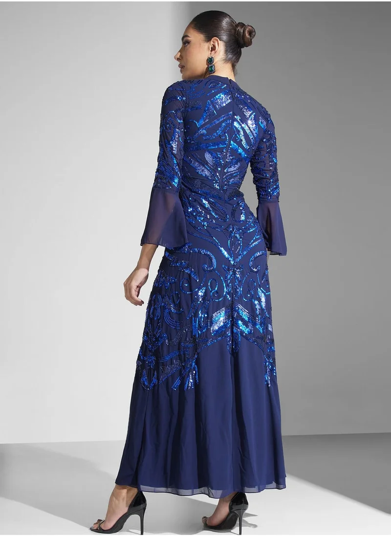 Frock and Frill Keyhole Embellished Dress