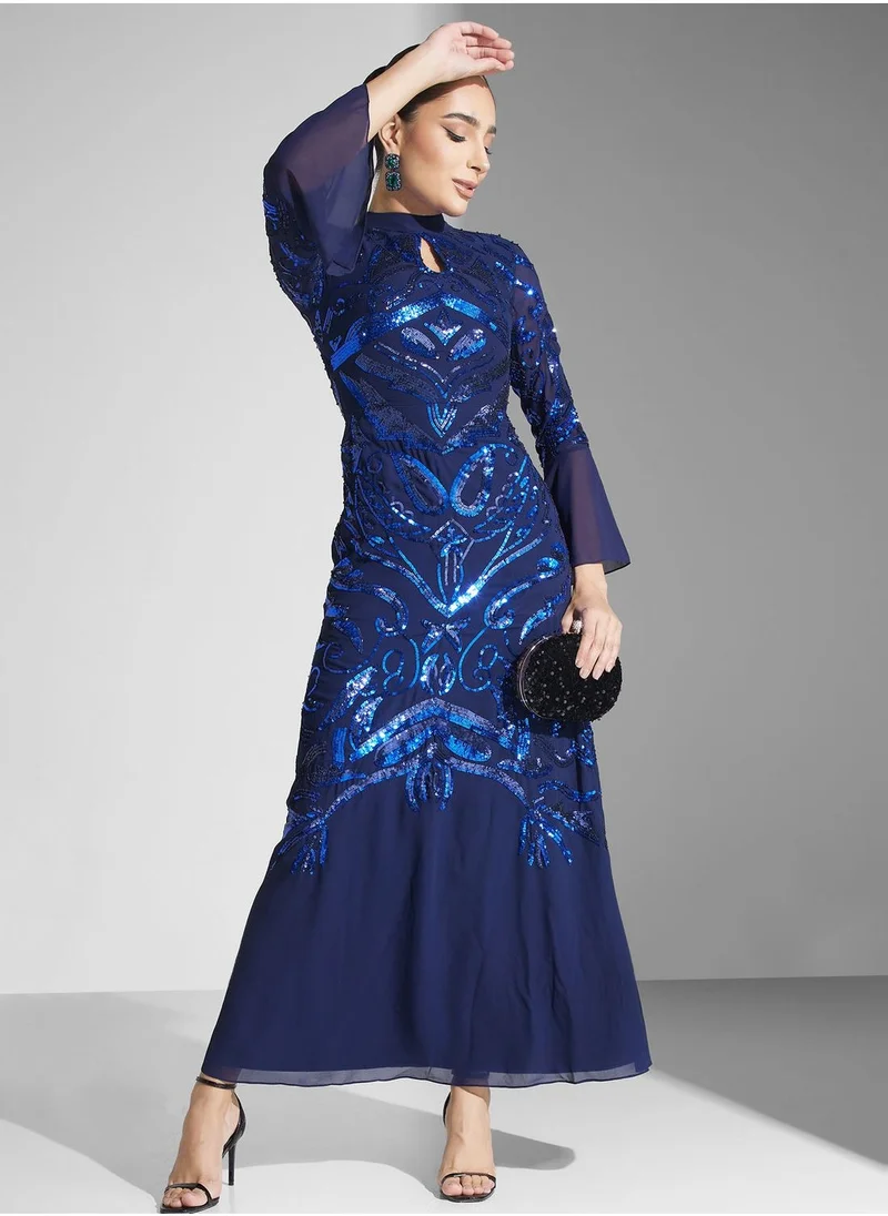 Frock and Frill Keyhole Embellished Dress