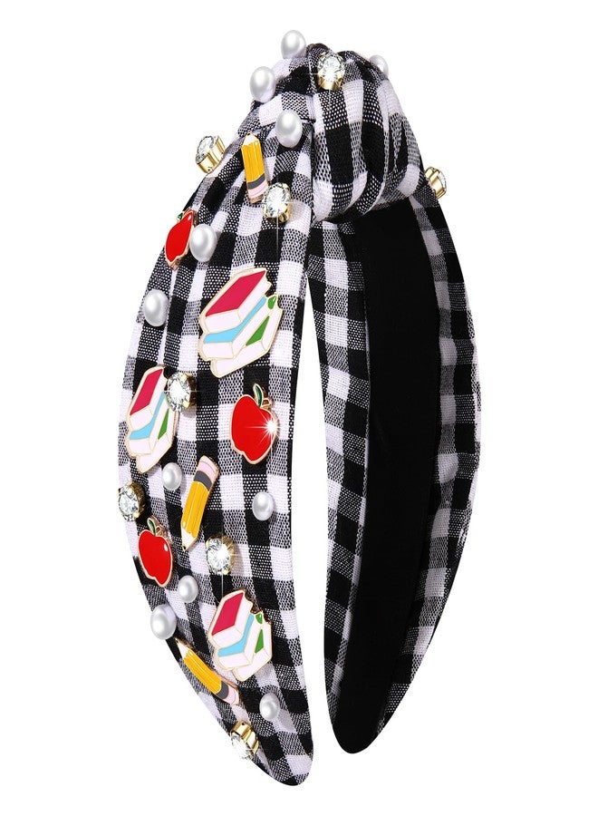 HZEYN Teacher Headband Pencil Book Plaid Headband Pearl Crystal Jeweled Knotted Headband Back to School Teacher Appreciation Gifts for Women - Image 1