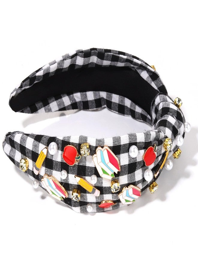 HZEYN Teacher Headband Pencil Book Plaid Headband Pearl Crystal Jeweled Knotted Headband Back to School Teacher Appreciation Gifts for Women - Image 3