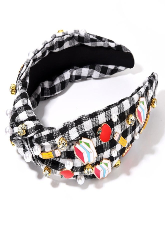 HZEYN Teacher Headband Pencil Book Plaid Headband Pearl Crystal Jeweled Knotted Headband Back to School Teacher Appreciation Gifts for Women - Image 2