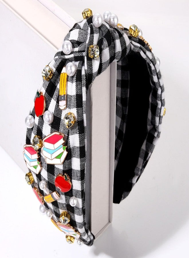 HZEYN Teacher Headband Pencil Book Plaid Headband Pearl Crystal Jeweled Knotted Headband Back to School Teacher Appreciation Gifts for Women - Image 5