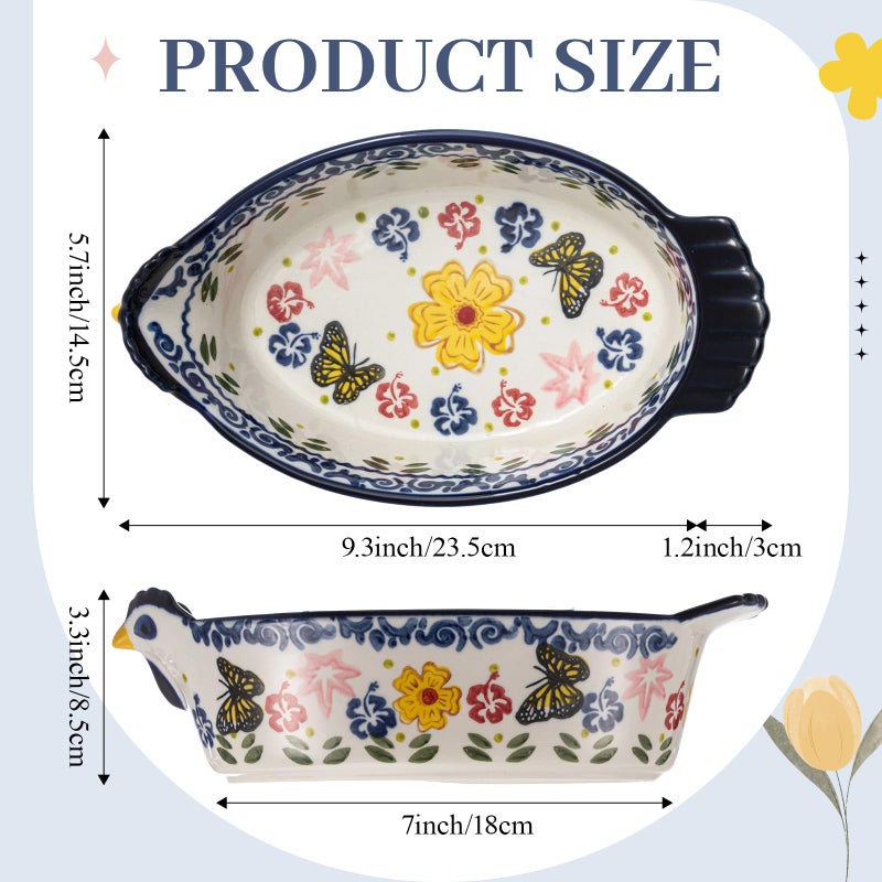 Uiifan 27 oz Ceramic Casserole Dishes Chicken Shape Vintage Pie Pan Bakeware Butterfly and Flower Pattern Plate Lasagna Pans Soup Bowl for Oven, Dishwasher and Microwave Safe - Image 2