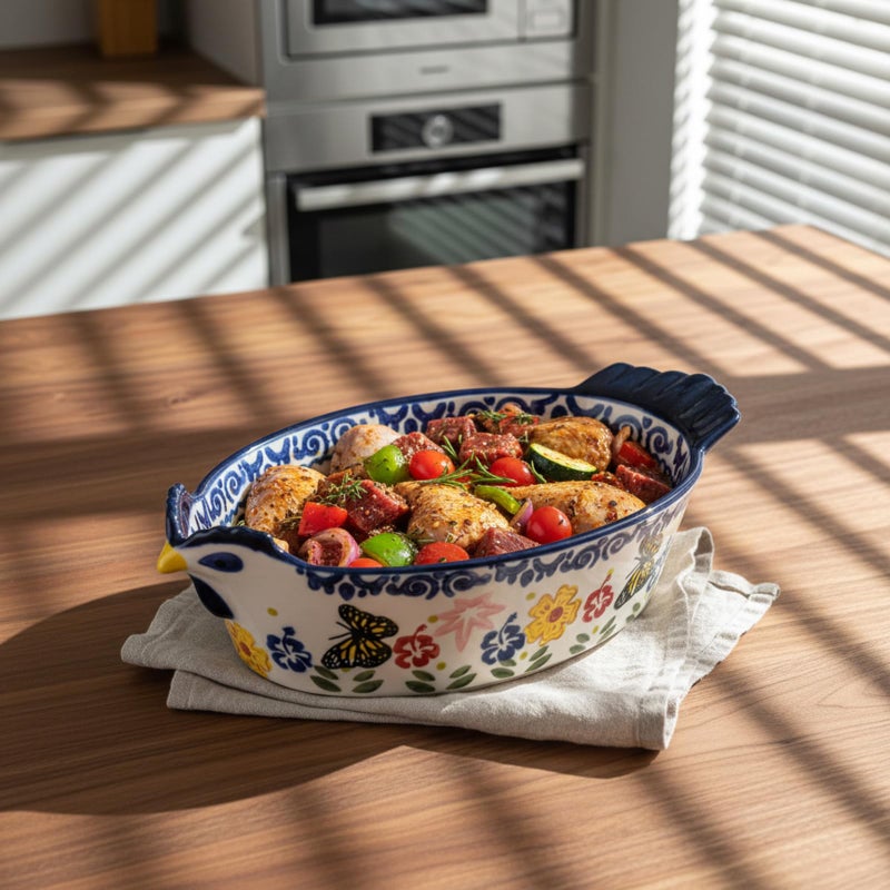 Uiifan 27 oz Ceramic Casserole Dishes Chicken Shape Vintage Pie Pan Bakeware Butterfly and Flower Pattern Plate Lasagna Pans Soup Bowl for Oven, Dishwasher and Microwave Safe - Image 5