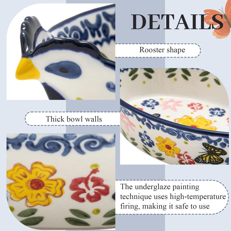 Uiifan 27 oz Ceramic Casserole Dishes Chicken Shape Vintage Pie Pan Bakeware Butterfly and Flower Pattern Plate Lasagna Pans Soup Bowl for Oven, Dishwasher and Microwave Safe - Image 4