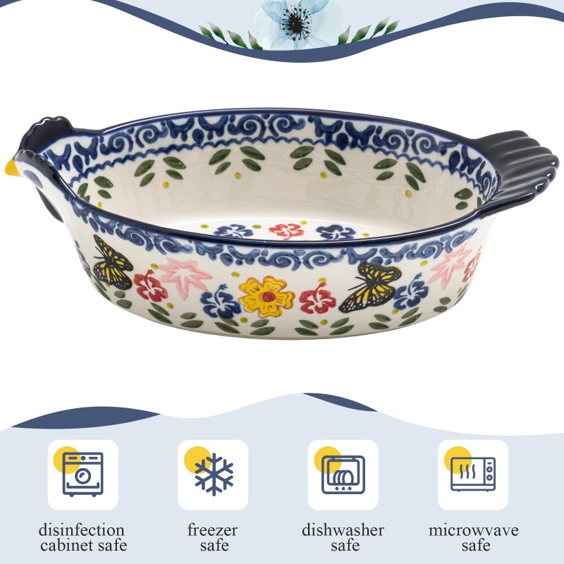 Uiifan 27 oz Ceramic Casserole Dishes Chicken Shape Vintage Pie Pan Bakeware Butterfly and Flower Pattern Plate Lasagna Pans Soup Bowl for Oven, Dishwasher and Microwave Safe - Image 3