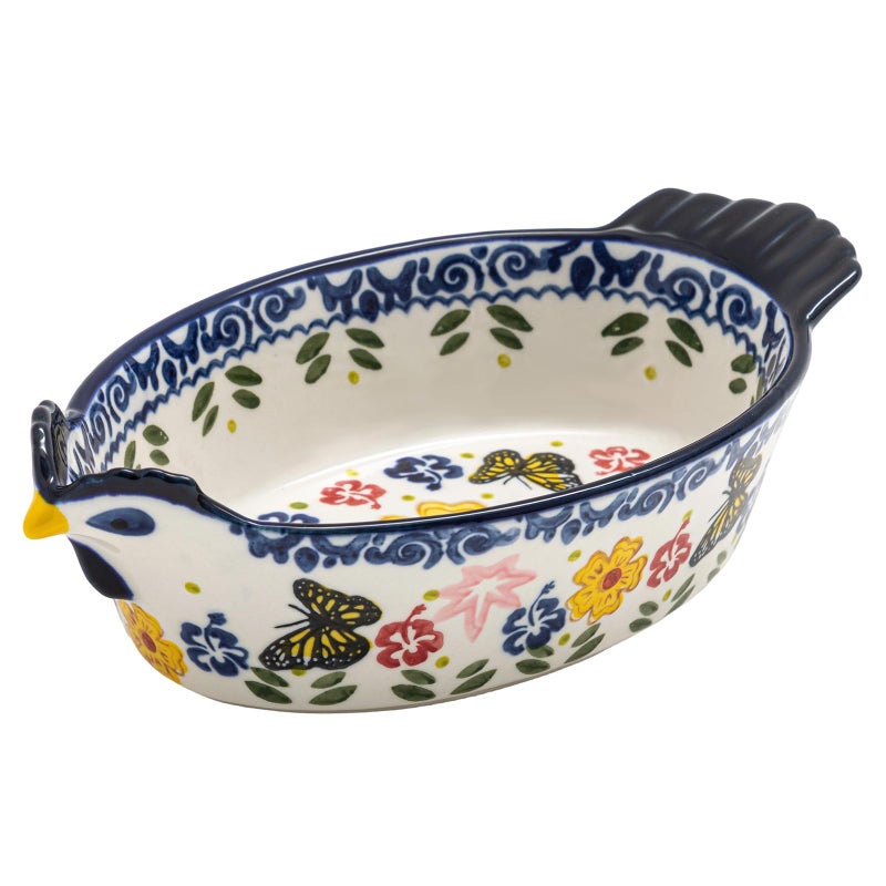 Uiifan 27 oz Ceramic Casserole Dishes Chicken Shape Vintage Pie Pan Bakeware Butterfly and Flower Pattern Plate Lasagna Pans Soup Bowl for Oven, Dishwasher and Microwave Safe - Image 1