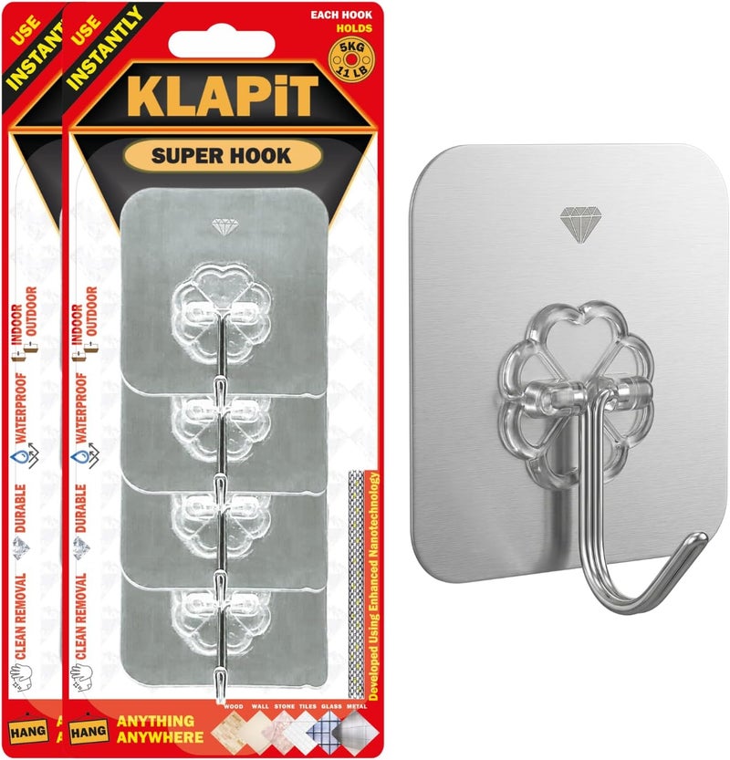 KLAPiT SUPER HOOK Heavy Duty Adhesive, Holds 11 pounds or 5Kg Weight, Waterproof and Damage Free for Wall, Tile, Wood, Stone, Glass, Metal, Made of Steel (Silver, 8 pc) - Image 1