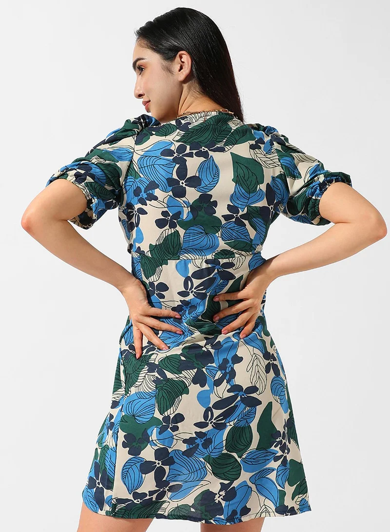 Pinacolada  Women's Azure Blue & Forest Green Foliage Mini Dress for Women | Best Price UAE