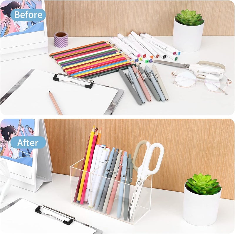 Uquelic Acrylic Pen Pencil Holder, 2 Compartments Clear Pen Pot - Desktop Stationery Storage Makeup Brushes Holder for Desk, Acrylic Organiser Pen Holder Desk Tidy - Image 3