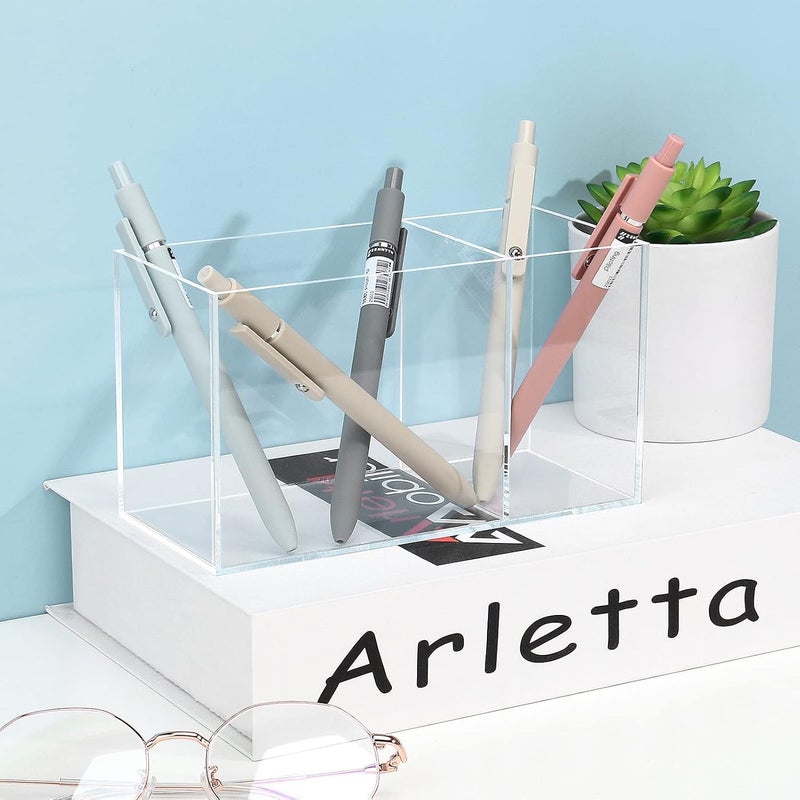 Uquelic Acrylic Pen Pencil Holder, 2 Compartments Clear Pen Pot - Desktop Stationery Storage Makeup Brushes Holder for Desk, Acrylic Organiser Pen Holder Desk Tidy - Image 5