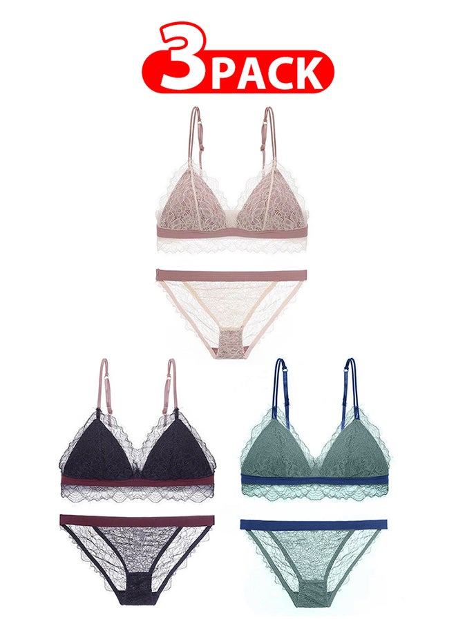 MARGOUN 3 Packs For Women's Small Size Bra and Panty Set Bra Lace Lash Floral Briefs Underwear Triangle Cup Young Girls Underwear Lingerie Bra and Panties Set Multicolour - Image 1