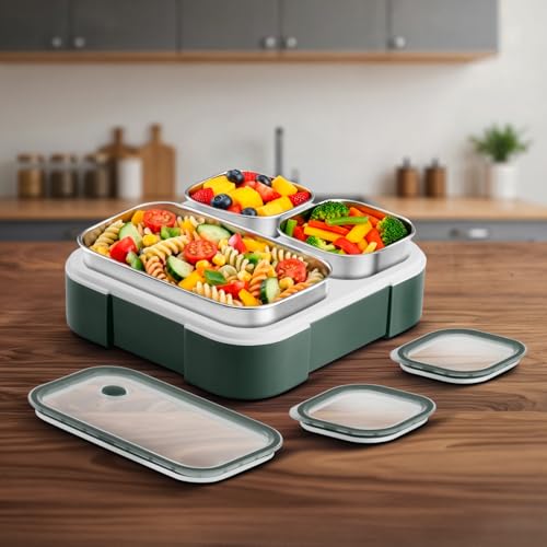 VAYA Tydbyt Lunch Box for Boys, 3 Stainless Steel Containers, Slim Compact & Travel Friendly Tiffin Box for Office School, Ideal for Organized Meals, Green - Image 2