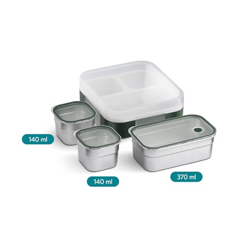 VAYA Tydbyt Lunch Box for Boys, 3 Stainless Steel Containers, Slim Compact & Travel Friendly Tiffin Box for Office School, Ideal for Organized Meals, Green - Image 3