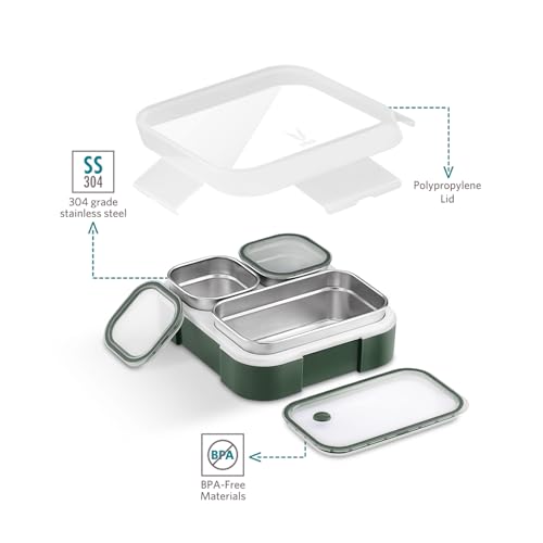 VAYA Tydbyt Lunch Box for Boys, 3 Stainless Steel Containers, Slim Compact & Travel Friendly Tiffin Box for Office School, Ideal for Organized Meals, Green - Image 4
