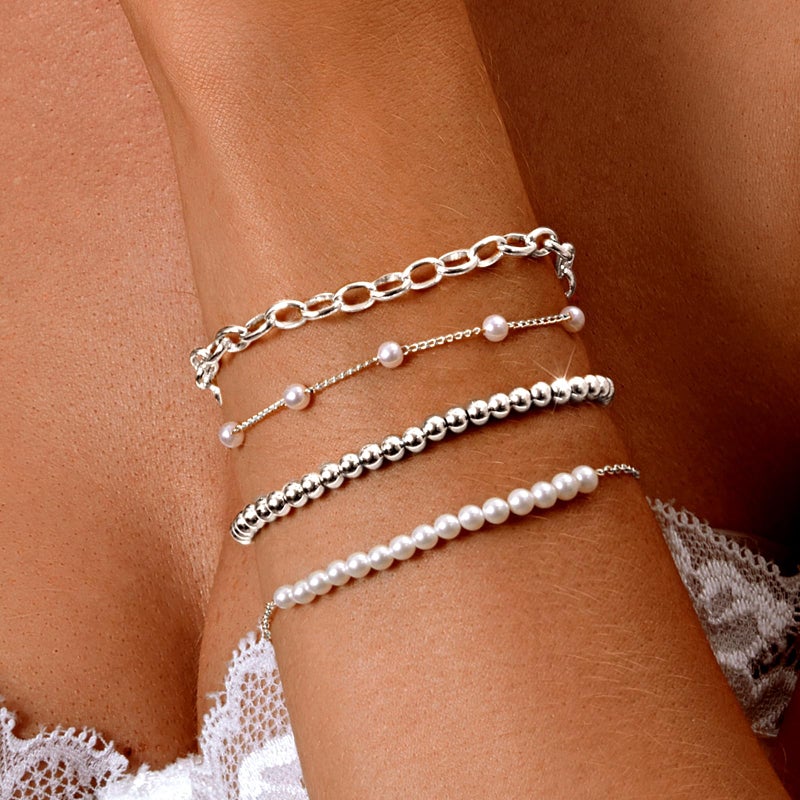 Zeffy Pearl Bracelets for Women, Silver Pearl Beaded Stackable Bracelets Charm Dainty Pearls Bracelet Stack Paperclip Link Chain Layered Bracelet Trendy Silver Bridesmaid Jewelry Set for Women - Image 2