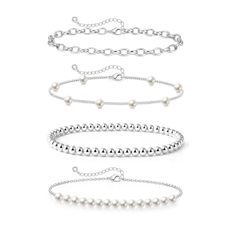 Zeffy Pearl Bracelets for Women, Silver Pearl Beaded Stackable Bracelets Charm Dainty Pearls Bracelet Stack Paperclip Link Chain Layered Bracelet Trendy Silver Bridesmaid Jewelry Set for Women - Image 1