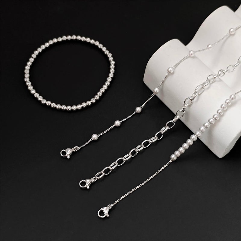 Zeffy Pearl Bracelets for Women, Silver Pearl Beaded Stackable Bracelets Charm Dainty Pearls Bracelet Stack Paperclip Link Chain Layered Bracelet Trendy Silver Bridesmaid Jewelry Set for Women - Image 3