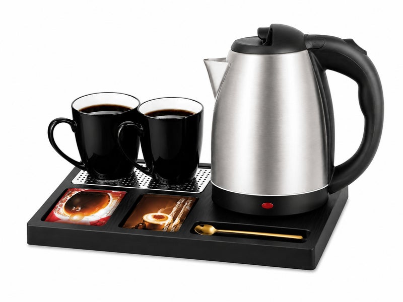 2.0L Hotel Beverage Kettle Set with 2 Ceramic Cups, Serving Tray, Fast Boiling, Dry Boil Protection and Auto Shut Off for Hotel Rooms Office Pantry Guest Rooms and Home Use