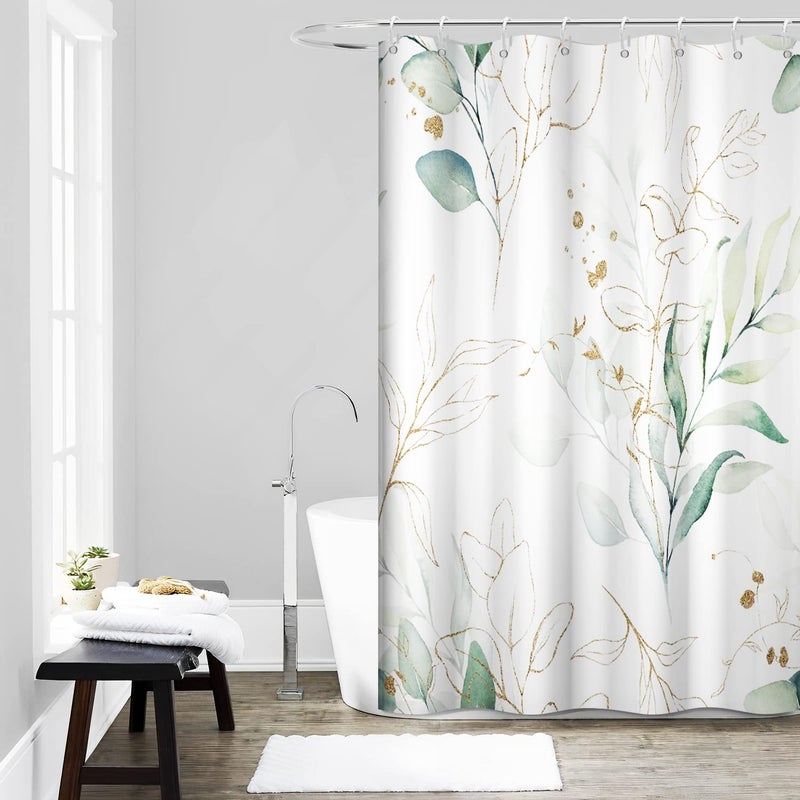 Ruelvth Sage Green Eucalyptus Shower Curtain Spring Plant Leaves Shower Curtain Waterproof Fabric Watercolor Green and Gold Shower Curtain Set with Hooks 60x72 Inch