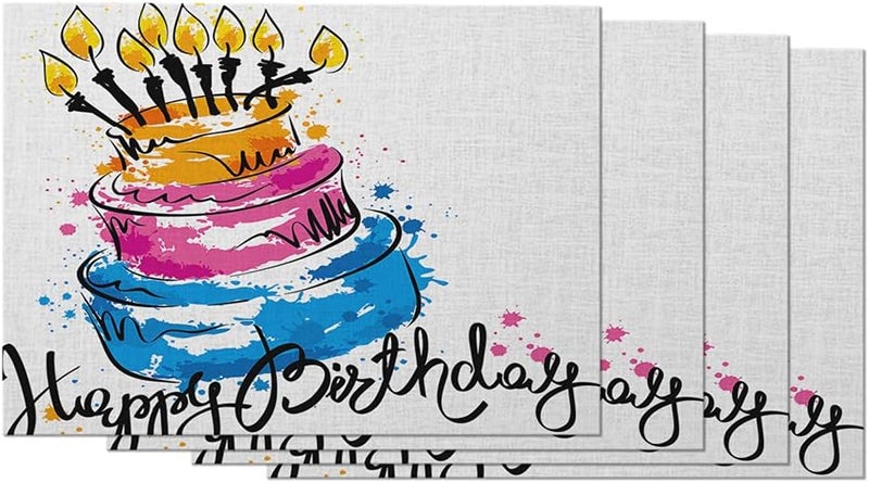 EKOBLA Happy Birthday Placemat NonSlip Cotton Linen Washable Place Mats Cake Handwritten Calligraphy Blot Candles for Dining Table Kitchen Heat Resistant Table Mats Set of 4 - Image 1