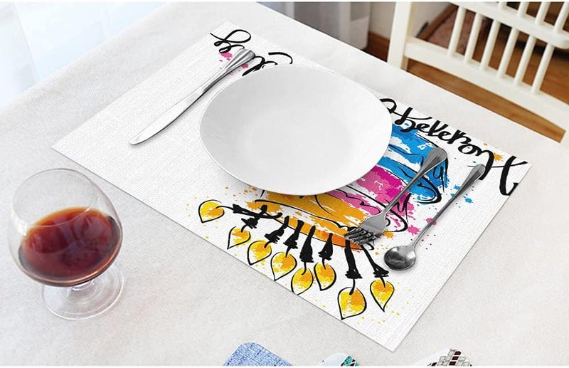 EKOBLA Happy Birthday Placemat NonSlip Cotton Linen Washable Place Mats Cake Handwritten Calligraphy Blot Candles for Dining Table Kitchen Heat Resistant Table Mats Set of 4 - Image 2