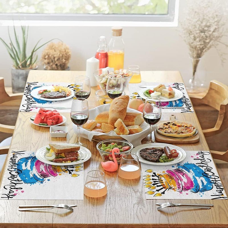 EKOBLA Happy Birthday Placemat NonSlip Cotton Linen Washable Place Mats Cake Handwritten Calligraphy Blot Candles for Dining Table Kitchen Heat Resistant Table Mats Set of 4 - Image 3