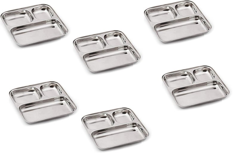 Krishn ROOP 3 Compartment Stainless Steel Rectangle PlateSet of 6 - Image 2