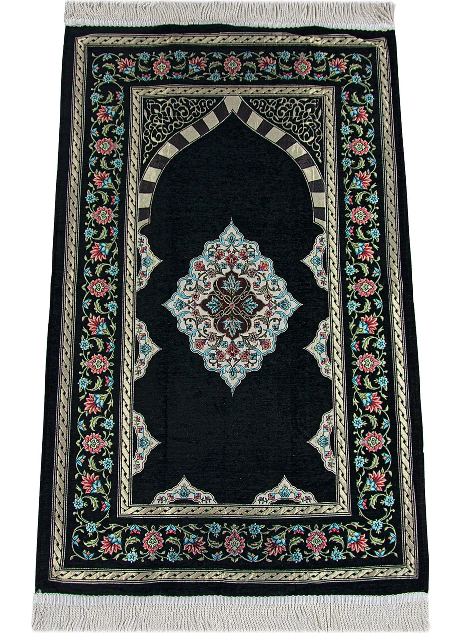 İhvan Online Black Flower Motifed Mihrab Lined Chenille Prayer Rug