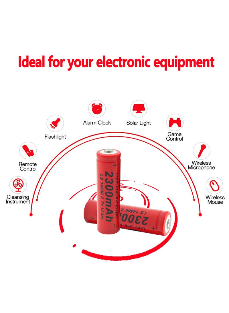 2 Pcs/Pack 3.7V 14500 2300mAH Li-ion Rechargeable Battery for Flashlight Torch,Electric Tools,Remote Control, Mobile Power, Small Fan, Radio, Toys (Red)  - Image 2