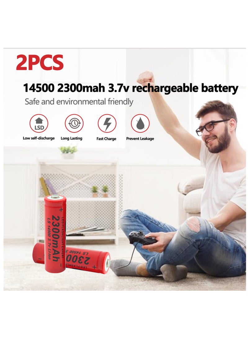 2 Pcs/Pack 3.7V 14500 2300mAH Li-ion Rechargeable Battery for Flashlight Torch,Electric Tools,Remote Control, Mobile Power, Small Fan, Radio, Toys (Red)  - Image 4