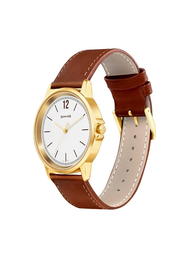 سوناتا Quartz Analog White Dial Leather Strap Watch for Men - Image 2