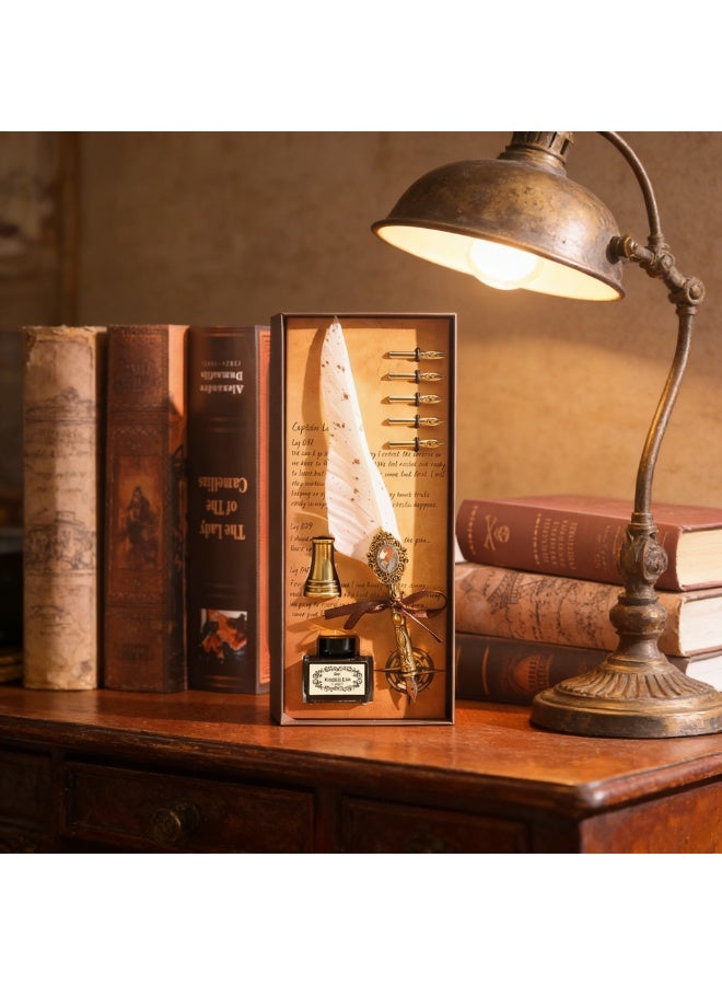 Halamodo 8Pcs Vintage Calligraphy Set with Pen Nibs, Quill Feather Pen and Ink Set, Calligraphy Kit with Dip Pen Nibs and Wax Seal Stamp Kit, Ornate Holders, White Starry Sky Gem Feather Pen Set, Gift Box, Teacher'S Day Gift - Image 2