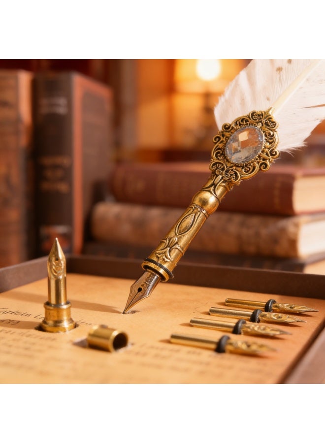 Halamodo 8Pcs Vintage Calligraphy Set with Pen Nibs, Quill Feather Pen and Ink Set, Calligraphy Kit with Dip Pen Nibs and Wax Seal Stamp Kit, Ornate Holders, White Starry Sky Gem Feather Pen Set, Gift Box, Teacher'S Day Gift - Image 3