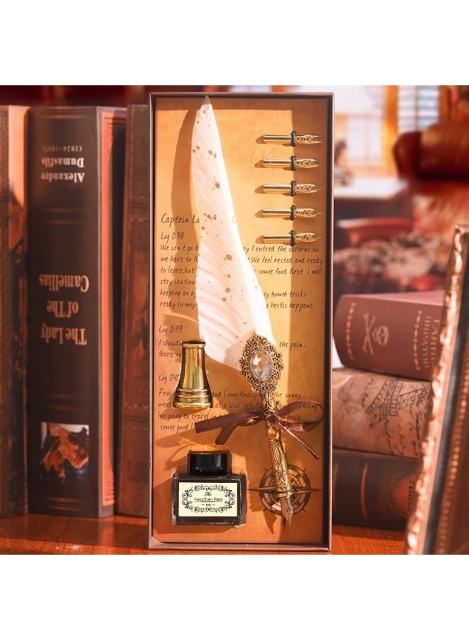 Halamodo 8Pcs Vintage Calligraphy Set with Pen Nibs, Quill Feather Pen and Ink Set, Calligraphy Kit with Dip Pen Nibs and Wax Seal Stamp Kit, Ornate Holders, White Starry Sky Gem Feather Pen Set, Gift Box, Teacher'S Day Gift - Image 1