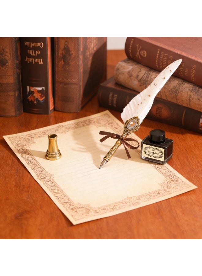 Halamodo 8Pcs Vintage Calligraphy Set with Pen Nibs, Quill Feather Pen and Ink Set, Calligraphy Kit with Dip Pen Nibs and Wax Seal Stamp Kit, Ornate Holders, White Starry Sky Gem Feather Pen Set, Gift Box, Teacher'S Day Gift - Image 4