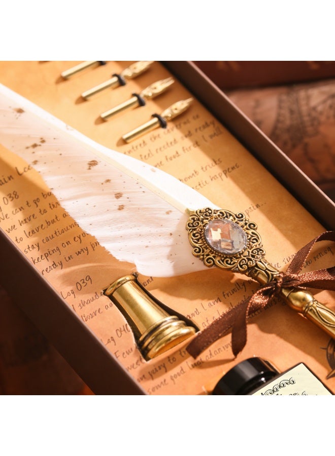 Halamodo 8Pcs Vintage Calligraphy Set with Pen Nibs, Quill Feather Pen and Ink Set, Calligraphy Kit with Dip Pen Nibs and Wax Seal Stamp Kit, Ornate Holders, White Starry Sky Gem Feather Pen Set, Gift Box, Teacher'S Day Gift - Image 5