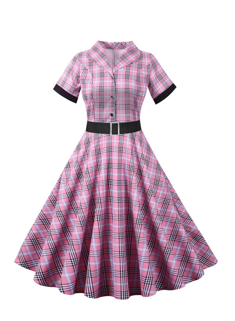 Loquat Standing neck single breasted short sleeved plaid short sleeved waistband large swing dress Pink  - Image 1