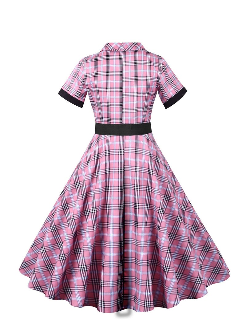 Loquat Standing neck single breasted short sleeved plaid short sleeved waistband large swing dress Pink  - Image 3