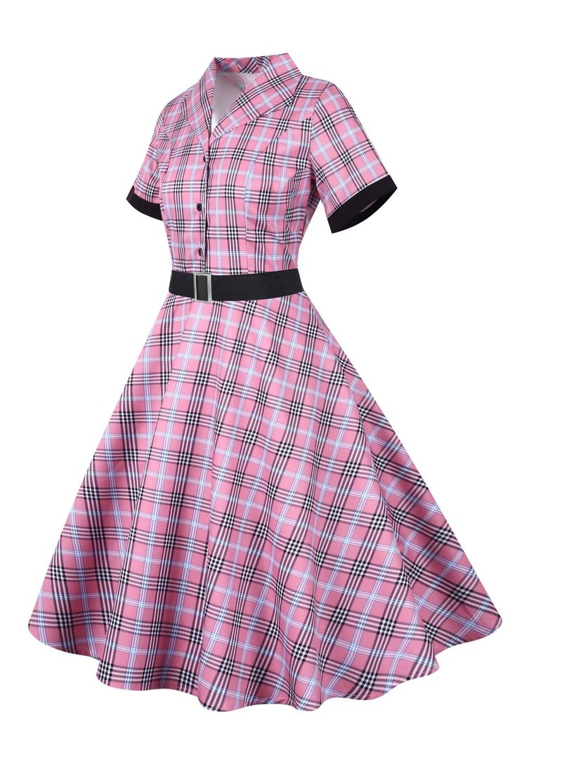 Loquat Standing neck single breasted short sleeved plaid short sleeved waistband large swing dress Pink  - Image 2