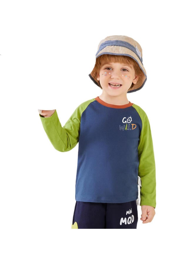 MQDMINI Kids Long Sleeve T-Shirt Boys Girls Color Block Top Gogo Letter Blue 110 - Image 3