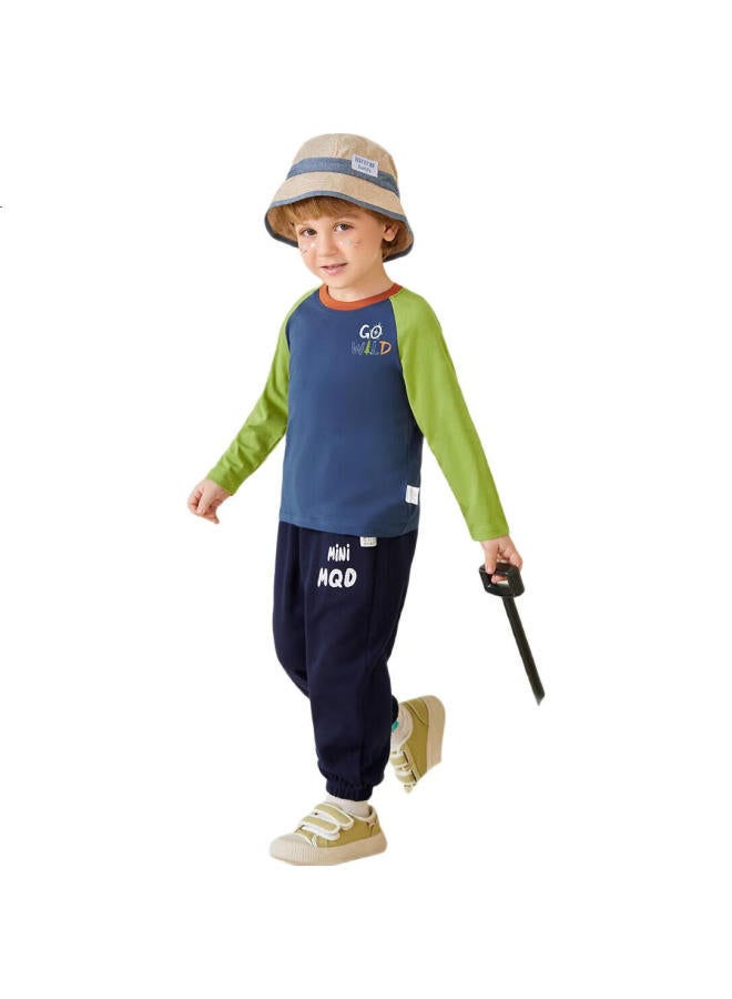 MQDMINI Kids Long Sleeve T-Shirt Boys Girls Color Block Top Gogo Letter Blue 110 - Image 1