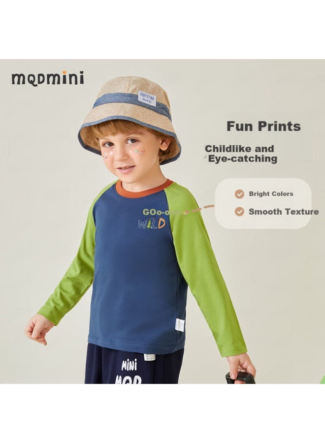 Mqdmini Kids Long Sleeve T-shirt Boys Girls Color Block Top Gogo Letter Blue 110 - Image 1